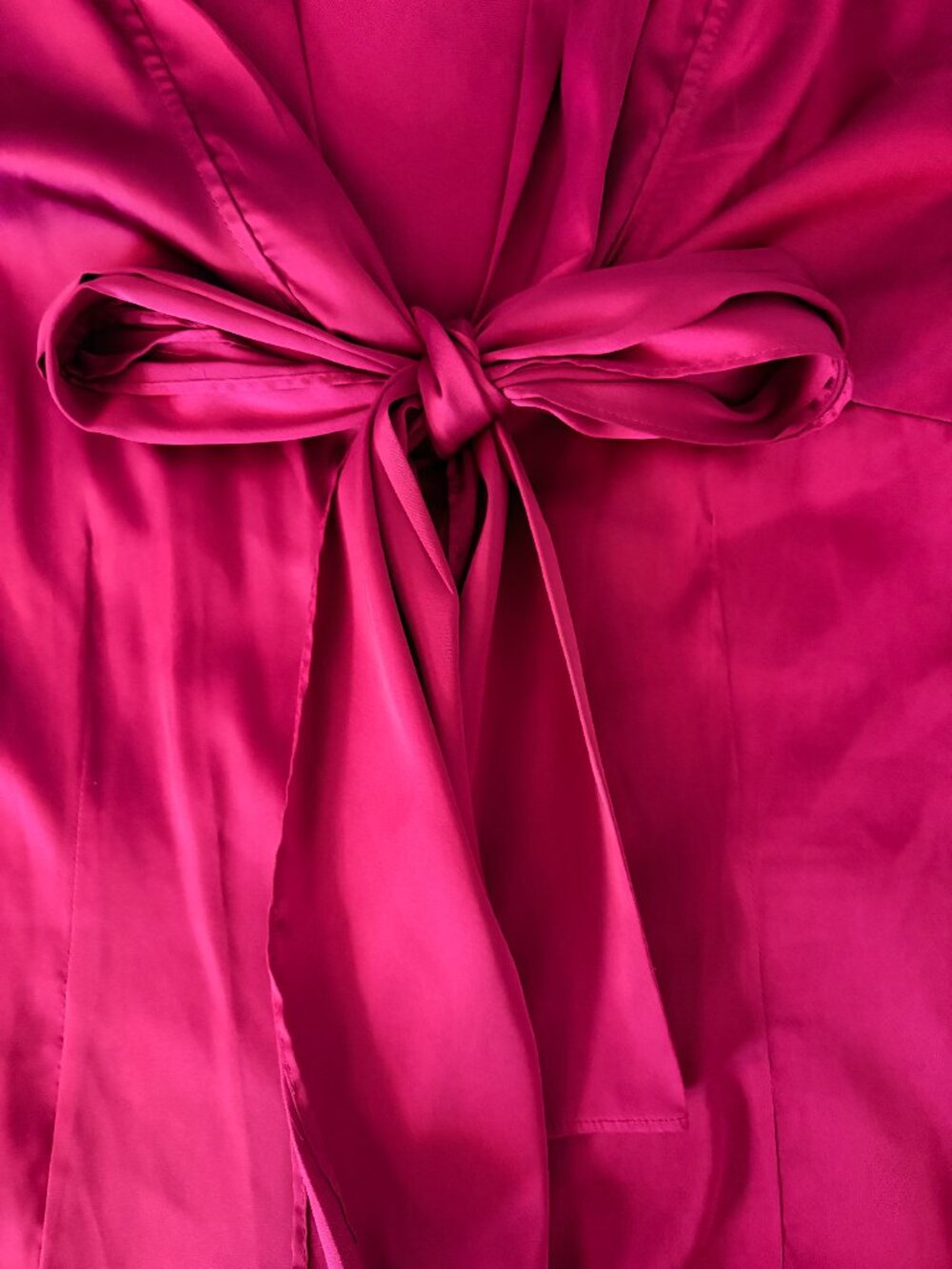 Fuchsia Satin Tie Neck Blouse Womens Medium Pink Short Sleeve Career Barbiecore - Picture 4 of 12